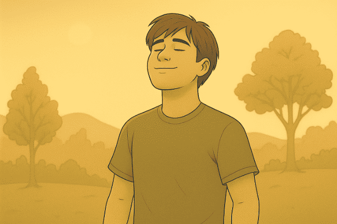A person standing peacefully outdoors with eyes closed, appearing calm and relaxed.