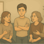 A person standing alone, looking overwhelmed while surrounded by four family members talking.