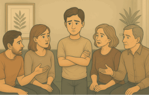 A person standing alone, looking overwhelmed while surrounded by four family members talking.