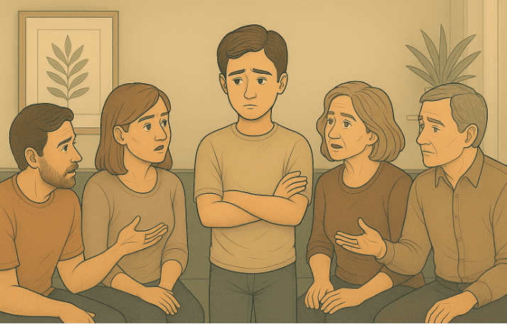 A person standing alone, looking overwhelmed while surrounded by four family members talking.