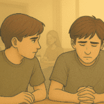 One person offering comfort and support to another person who appears distressed.