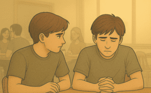 One person offering comfort and support to another person who appears distressed, answering the question, "How do you help a friend with anxiety?"