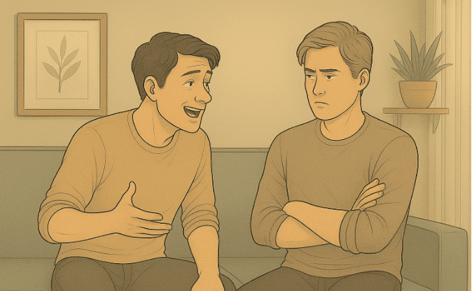 Two people in conversation on a couch, one person gesturing while speaking and the other sitting with arms crossed, looking frustrated.