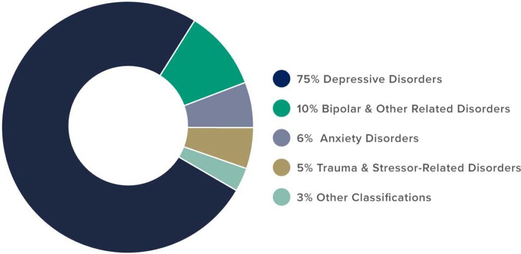 pie chart representing: 75% Depressive Disorders, 10% Bipolar, 6% Anxiety Disorders, 5% Trauma and Stress Related Disorders, 3% Other Classifications