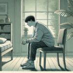 An illustration of a teenager sitting alone and looking anxious, exhibiting symptoms of anxiety in teens