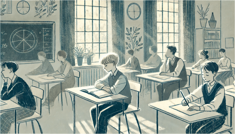 An illustration of a boy not focusing is his class