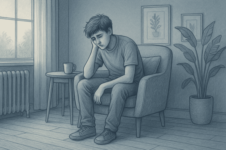 An illustration of a teenager sitting on a chair and looking depressed