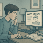 illustration of a kid researching anxiety in teen boys on his computer to figure out his common symptoms and seek help