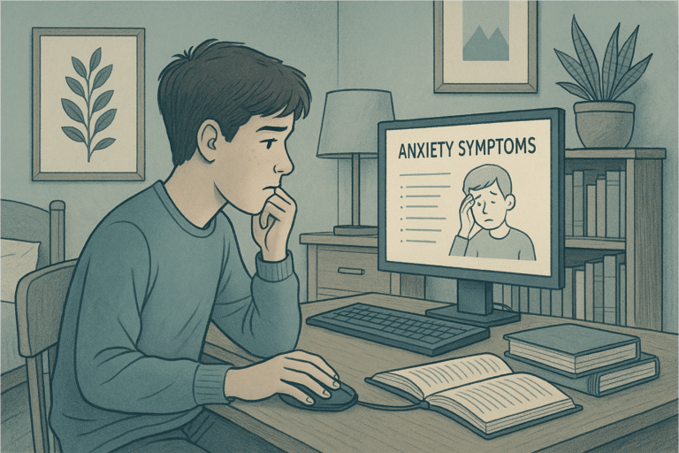 illustration of a teen boy researching anxiety symptoms
