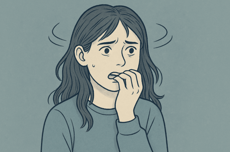 illustration of an anxious teen girl biting her nails