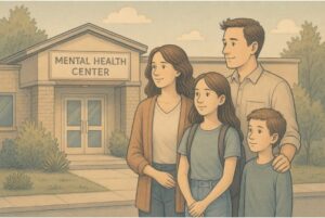 A teen and her family exploring residential and outpatient mental health treatment options at a care facility.