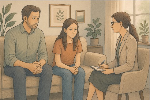 Teen attending a flexible outpatient therapy session with their caregiver while continuing daily school routine. 