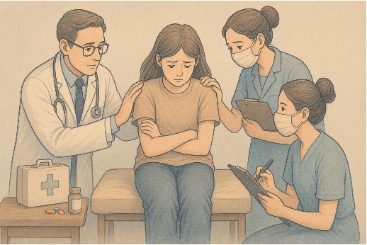 Healthcare professionals supporting a teen during an inpatient mental health crisis intervention. 