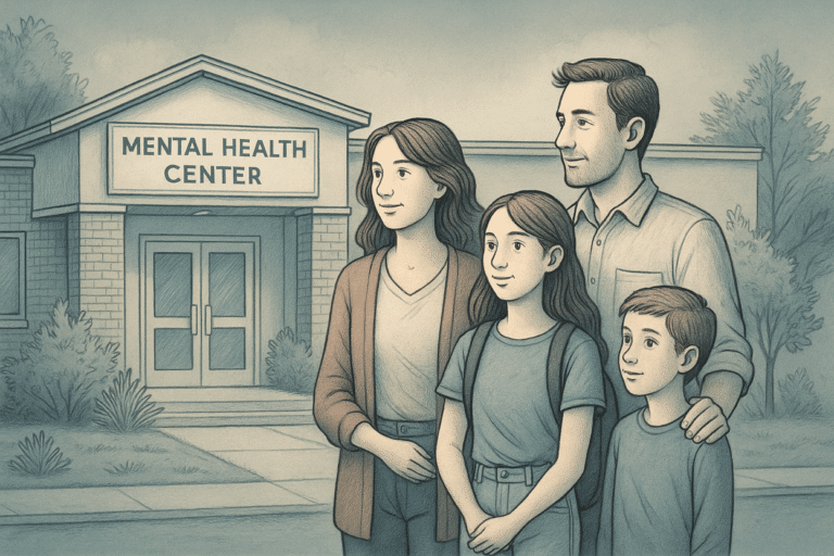 teen and her family standing in front of a mental health facility