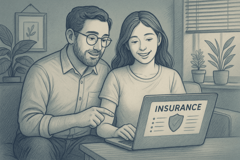 two parents reviewing their insurance policy