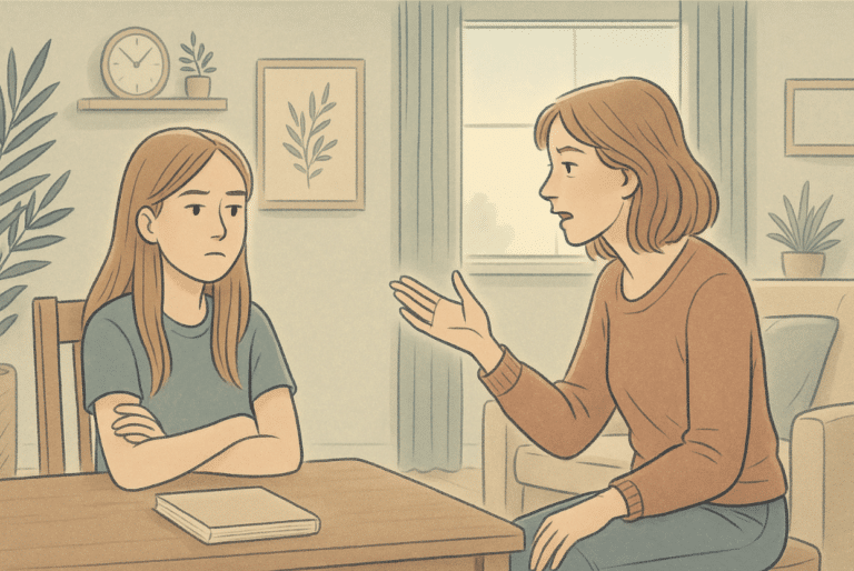 An illustration of a girl being inattentive while her parent talks to her