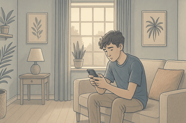 Illustration of a child using a phone at the home