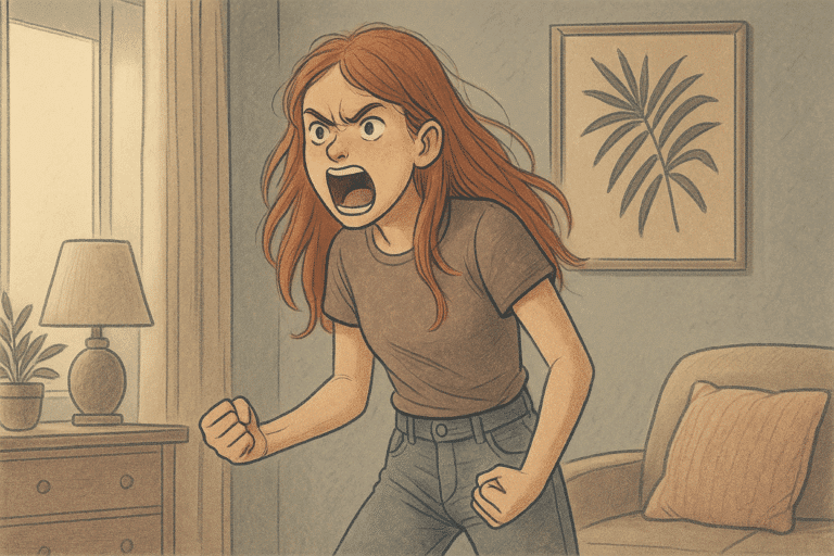Illustration of a teen girl having an intense anger outburst