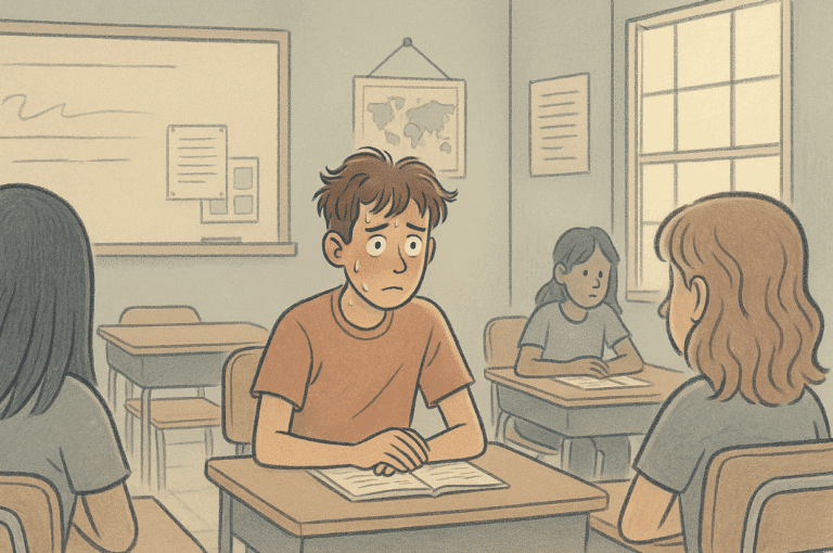 Illustration of a teen looking socially awkward in a round table study session