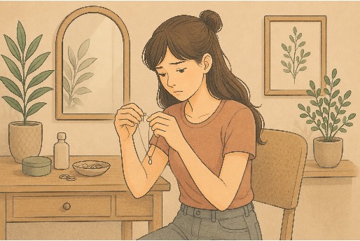 Girl fidgeting with her necklace in her hands 