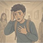 Illustration of a teenage boy experiencing a panic attack, representing the unexpected and disorienting nature of panic attacks in adolescents