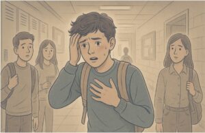 Illustration of a teenage boy experiencing a panic attack, representing the unexpected and disorienting nature of panic attacks in adolescents