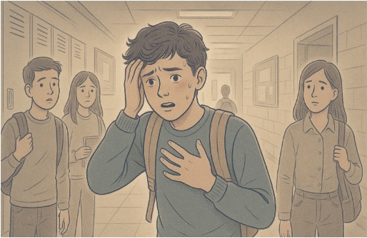 Illustration of a teenage boy experiencing a panic attack, representing the unexpected and disorienting nature of panic attacks in adolescents