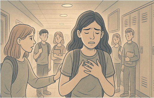 Illustration of a teenage girl suddenly overwhelmed by an unexpected panic attack, showing the unpredictable nature of uncued panic episodes 