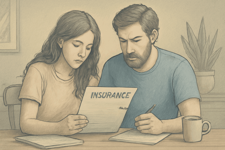 Illustration of a husband and wife reviewing their insurance documents