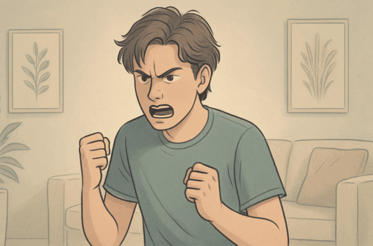 Illustration of a teenage boy expressing anger with his fists clenched