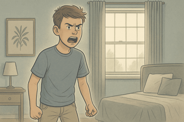 Illustration of a teenage boy getting angry in a bedroom