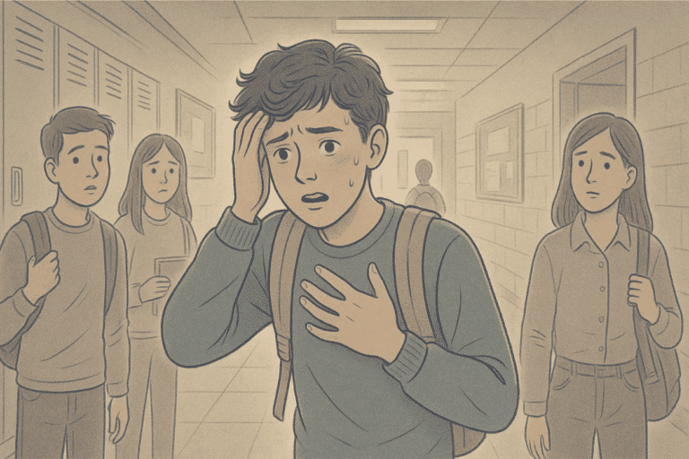Illustration of a teenage boy having a mild panic attack at school