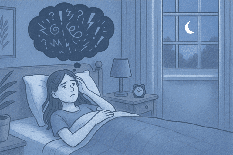 Illustration of a teenage girl laying awake at night with anxiety