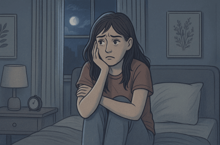 Illustration of a teenage girl looking anxious while sitting on her bed at night