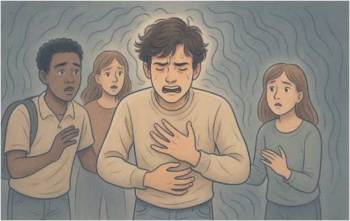 Illustration of a teenage boy overwhelmed by panic, representing how different factors can trigger panic attacks in adolescents.  