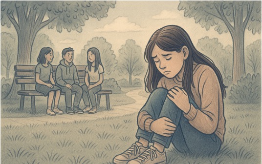 Illustration of a teenage girl withdrawing from a group of friends in a park, depicting the social avoidance behaviors that develop from situational panic attacks 