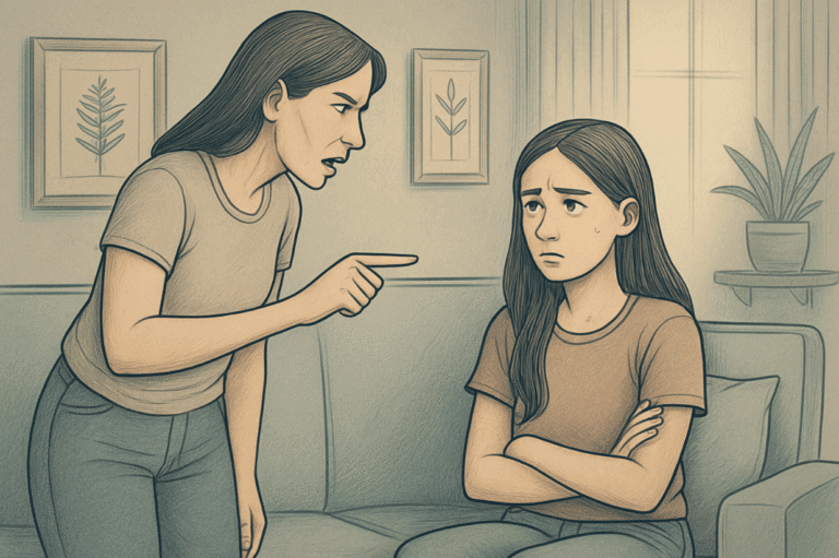 A mother scolding her daughter who’s sitting down on a couch