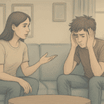 A parent sitting on the couch and talking to their stressed child, demonstrating how to parent teens with ADHD