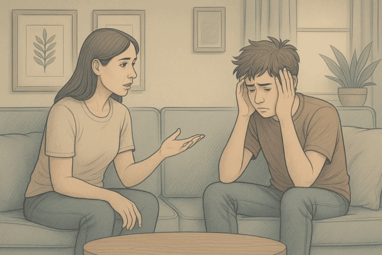 A parent sitting on the couch and talking to their stressed child