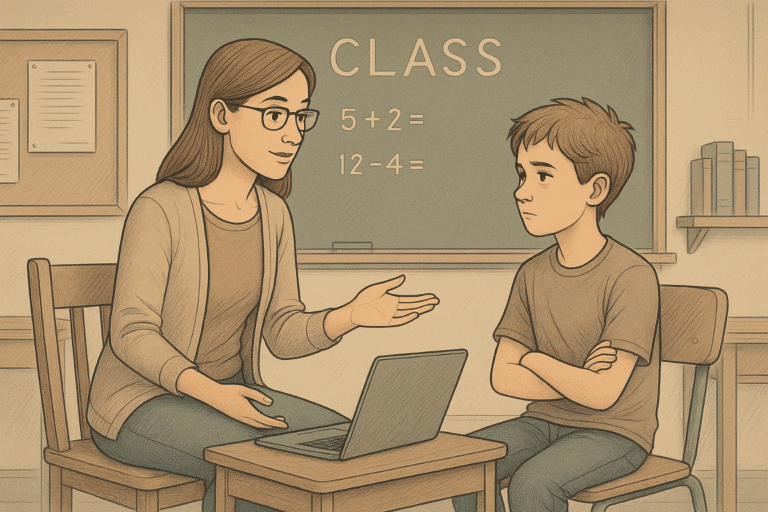 A teacher helping one of their students in a classroom