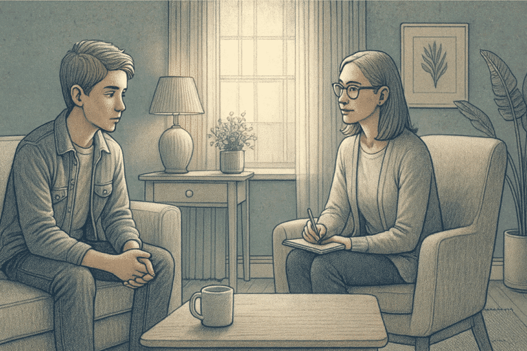 An illustration of a teenage boy sitting in a comfortable therapy office with a counselor