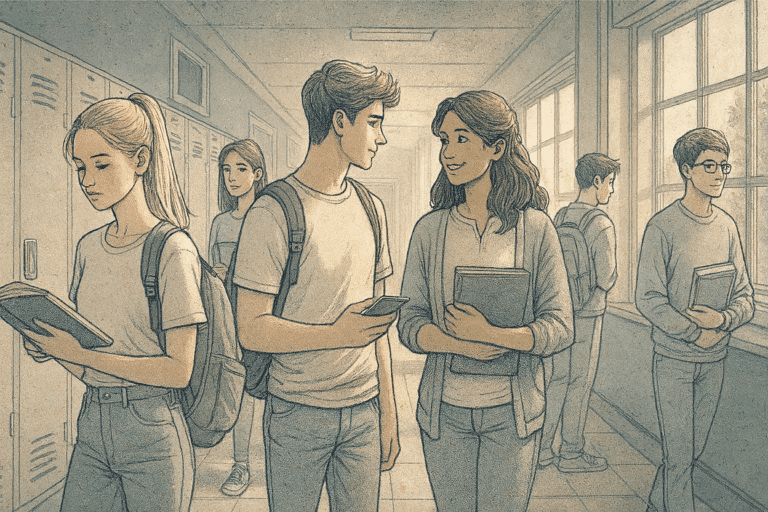 An illustration of high school teens with backpacks and books walking through a school hallway