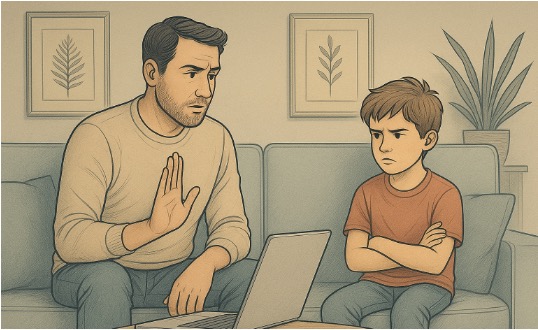 Illustration of a father setting screentime boundaries for his kids