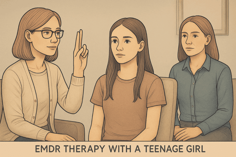 Illustration of a therapist performing EMDR therapy with a teen with the teen’s mother in the background