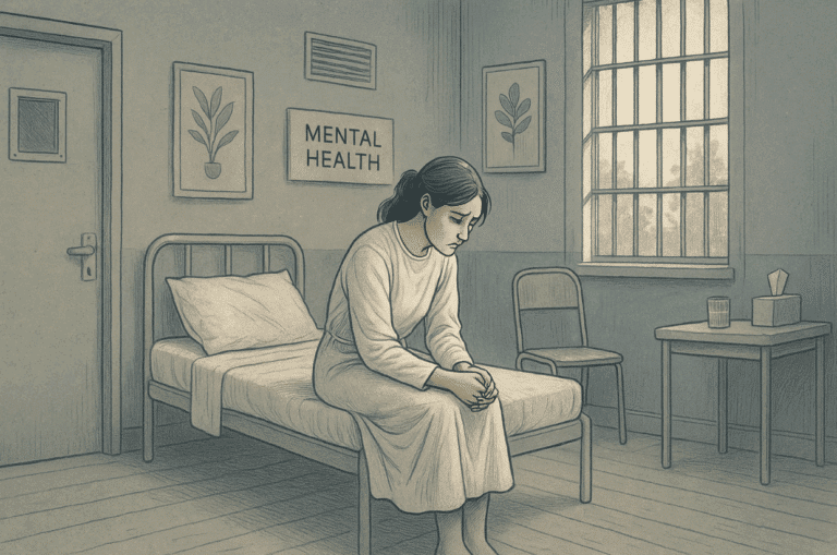 Illustration of a woman sitting on a bed in a mental health facility