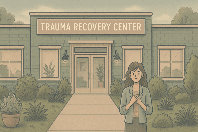 Illustration of a woman standing outside of a trauma recovery center