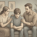 Illustration of parents comforting their sad teenager, answering the question, "How can parents help teens with depression?"