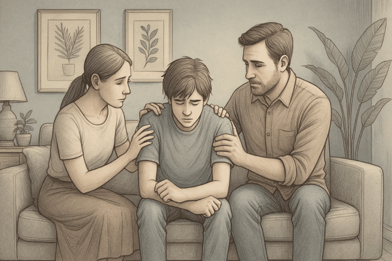 Illustration of parents comforting their sad teenager