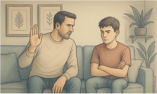Illustration of a father calmly setting expectations with his teenage son