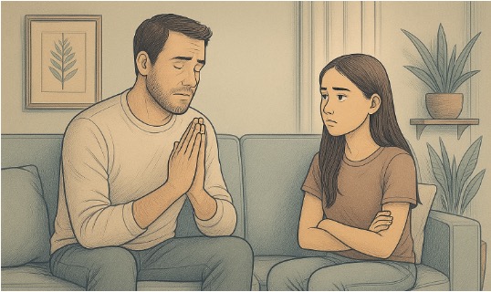 Illustration of a father maintaining composure during a tense conversation with his teenage daughter